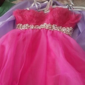 Hot Pink feathered bodice prom dress